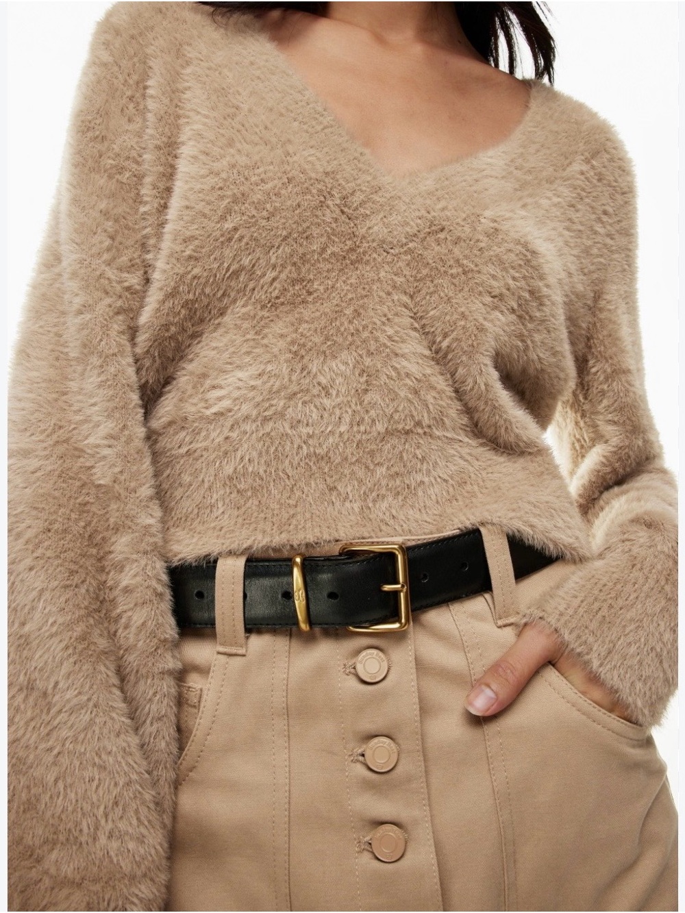 CHRLDR Marina Cropped Fuzzy V-Neck Sweater in Tan, Size XS